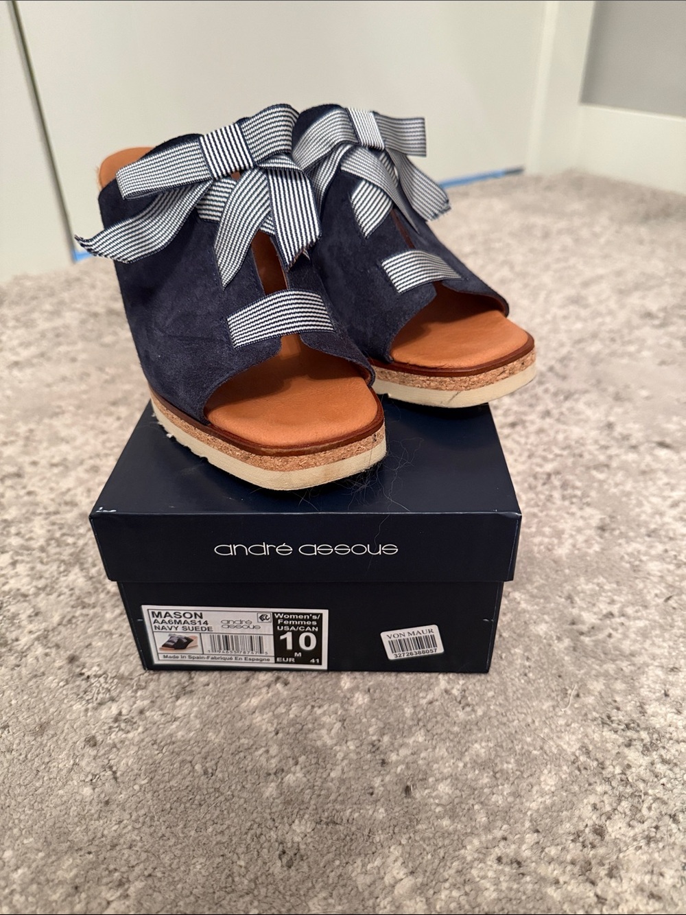 WORN ONCE Andre Assous Navy Suede Wedge Sandals with Striped Ribbon Bow